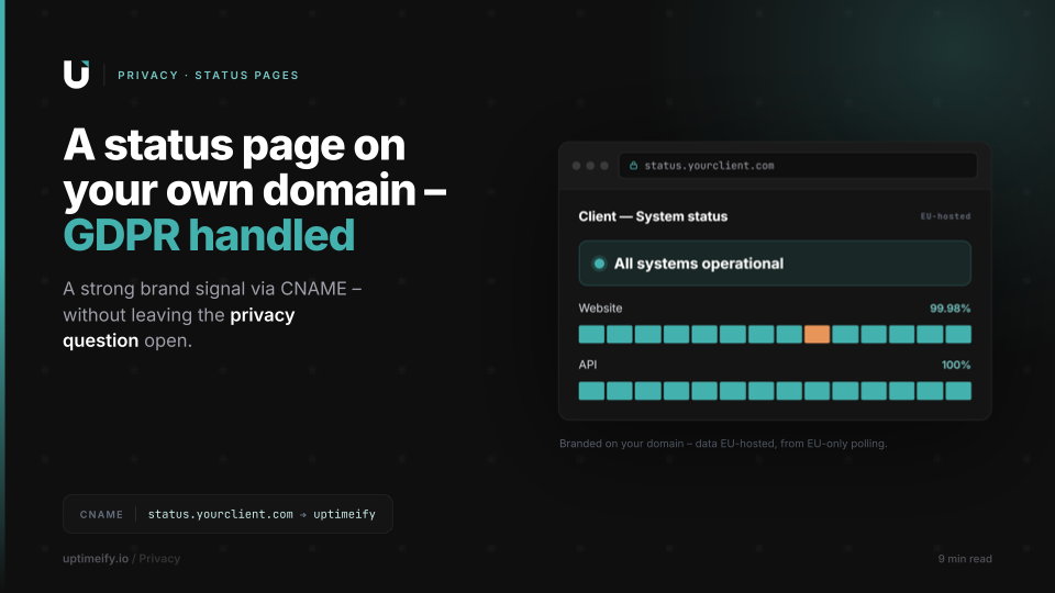 Branded status page on a custom domain with a green operational status and uptime history
